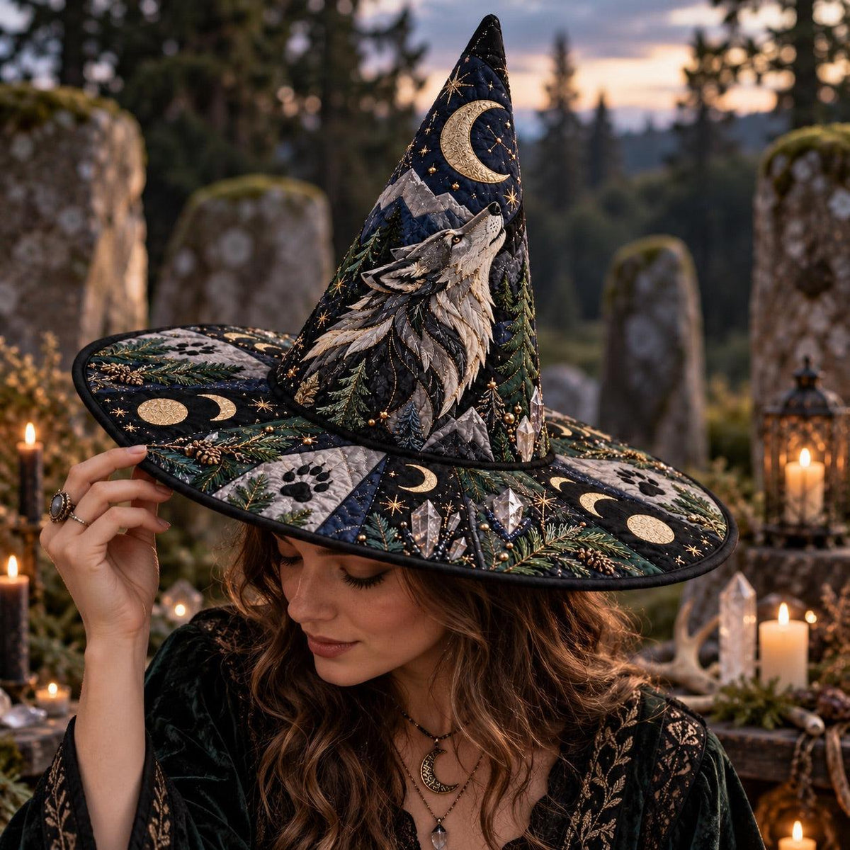 Howling Wolf Quilted Witch Hat – Moon Phase Pine Pagan Wide Brim Hat – worn by a model