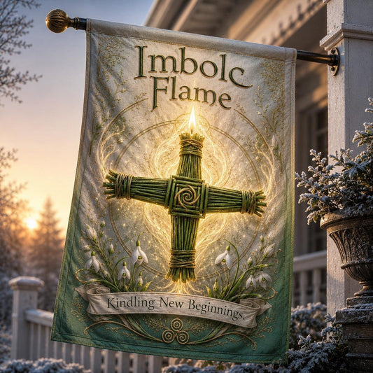 Imbolc Flame house flag displayed outdoors on a garden flag stand