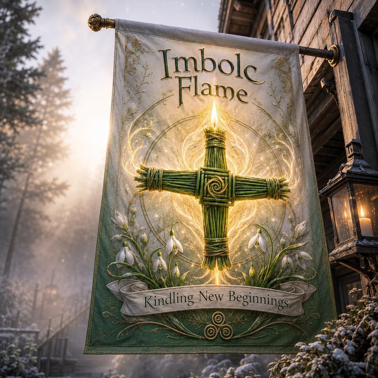 Imbolc Flame house flag mockup hanging outdoors as pagan decor