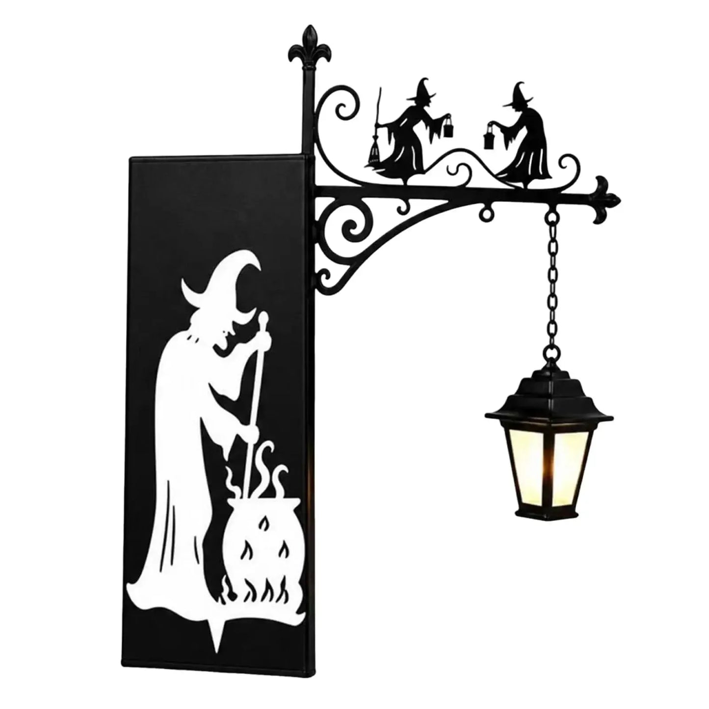 Iron witch bookend lamp product photo on white background