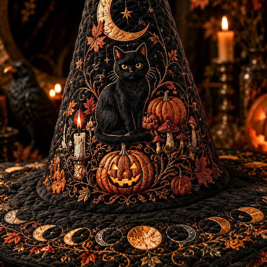 Jack O Lantern Witch Hat โ Black Cat Halloween Wide Brim Hat โ styled with candles and crystals