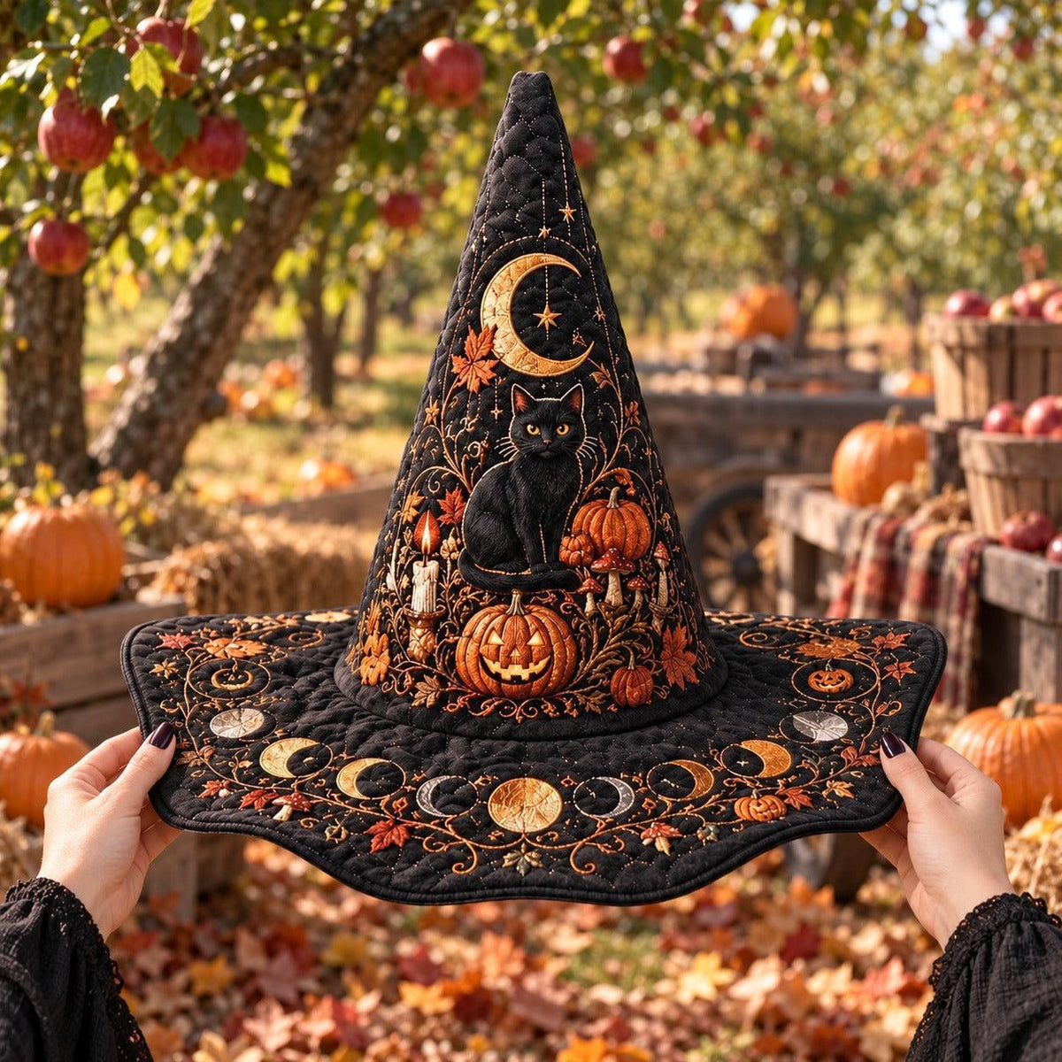 Jack O Lantern Witch Hat held by witch hands outdoors in natural sunlight