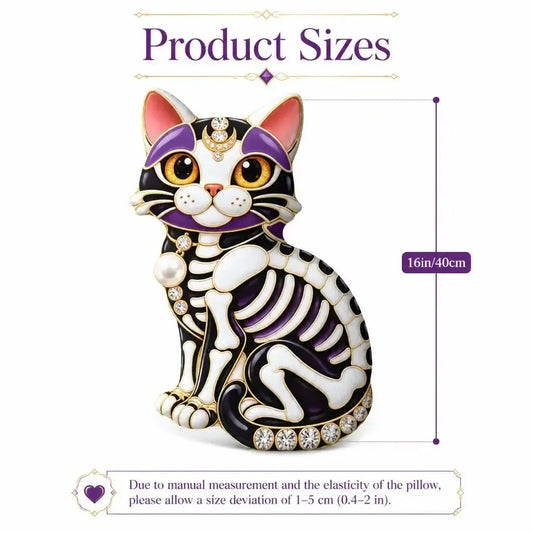 Size guide for jeweled skeleton cat plush pillow, showing 16 inches / 40 cm