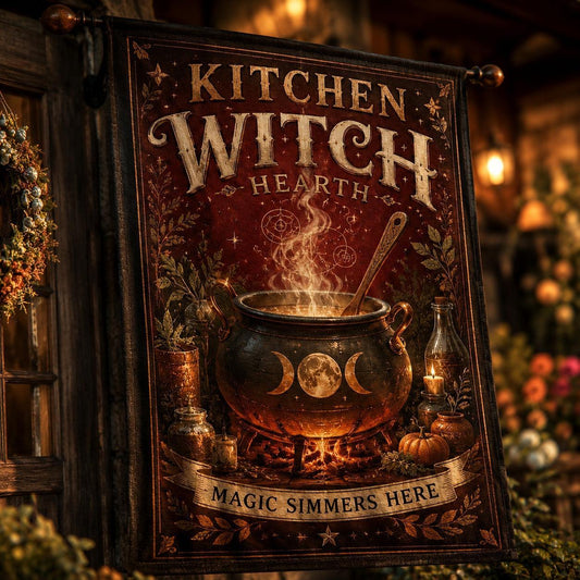Kitchen Witch Hearth house flag displayed outdoors on a garden flag stand