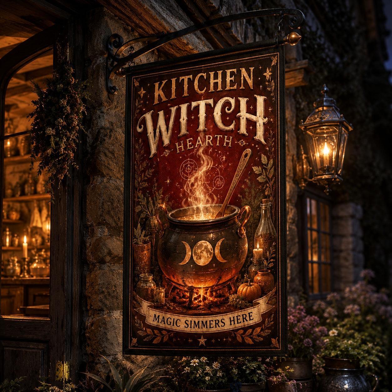Kitchen Witch Hearth house flag mockup hanging outdoors as pagan decor