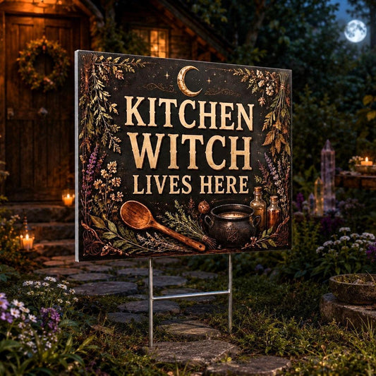 Kitchen Witch Lives Here Cauldron Moon Wicca Yard Sign - garden display