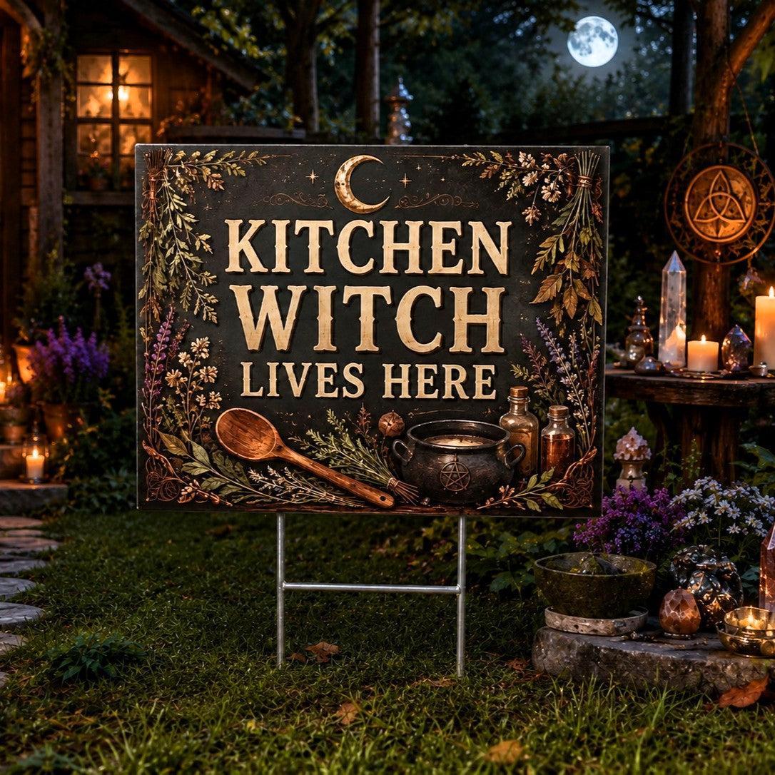 Kitchen Witch Lives Here Cauldron Moon Wicca Yard Sign - porch scene