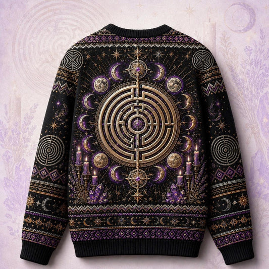 Labyrinth Sweater Candle Lavender Moon Phases Purple Knit back view