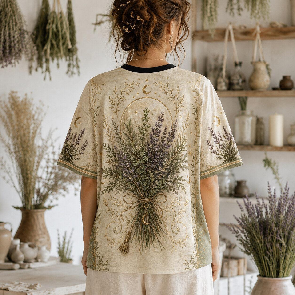 Lavender Cottage Witch T-Shirt Herb Bouquet Green Sage Tee worn, back view