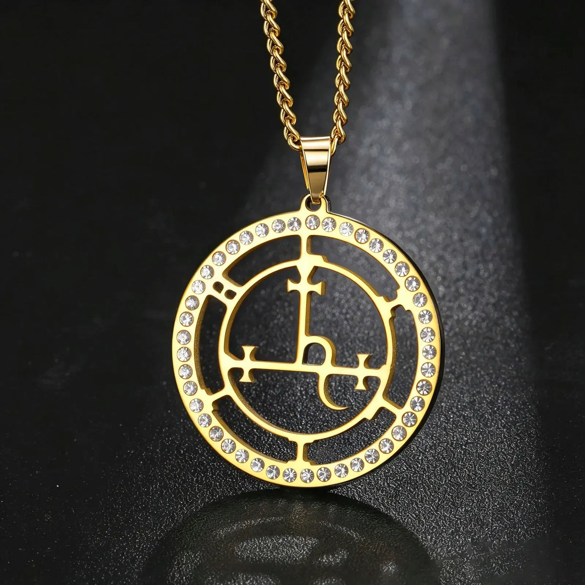 Lilith necklace shown at an angle to reveal the cut-through design