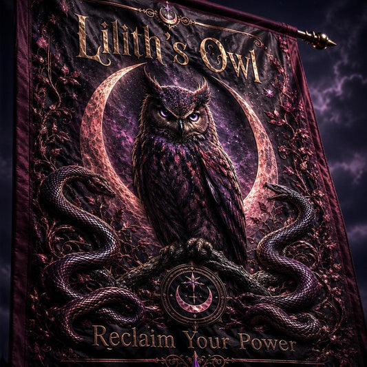 Liliths Owl house flag displayed outdoors on a garden flag stand