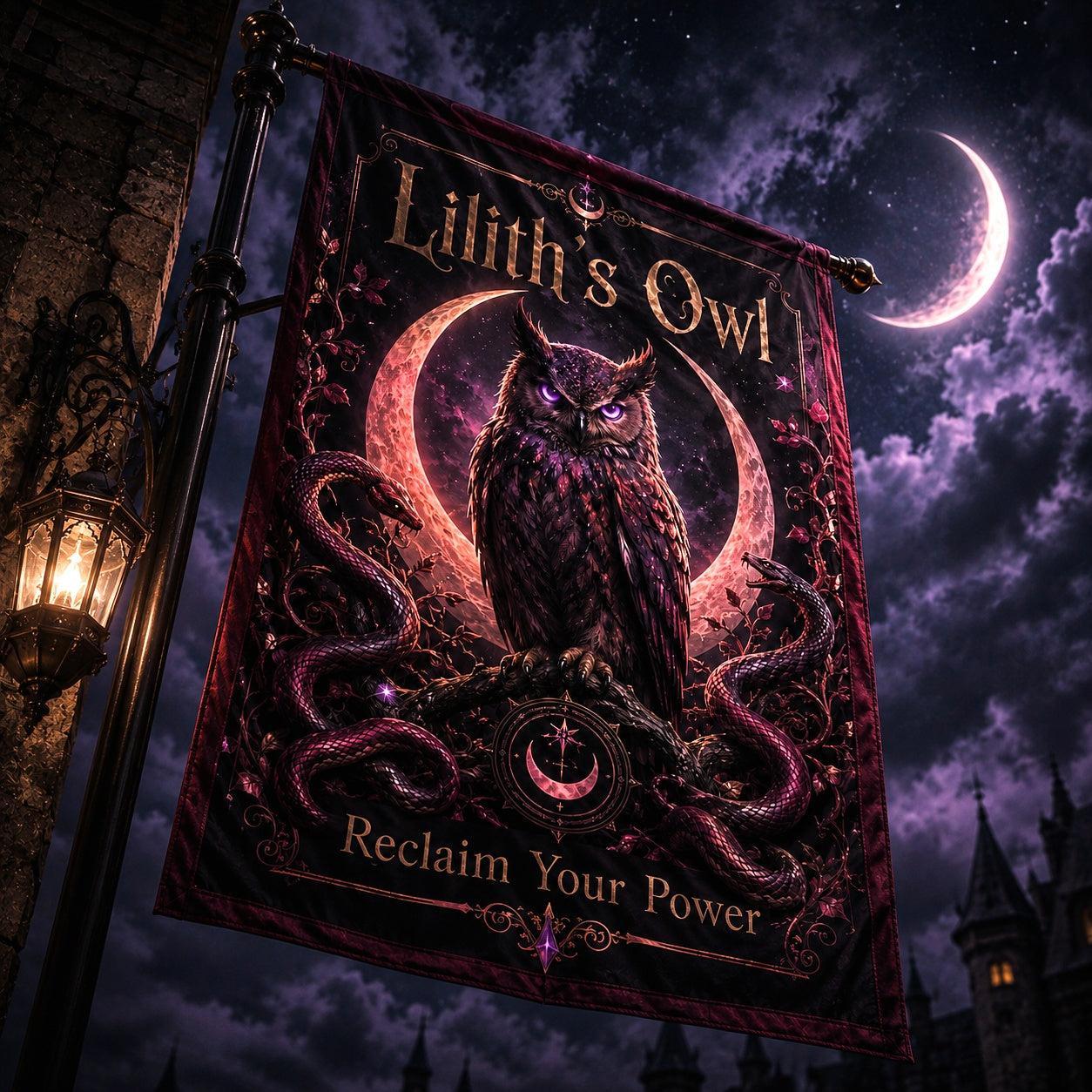 Liliths Owl house flag mockup hanging outdoors as gothic pagan decor