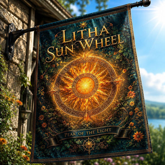 Litha Sun Wheel house flag displayed outdoors on a garden flag stand