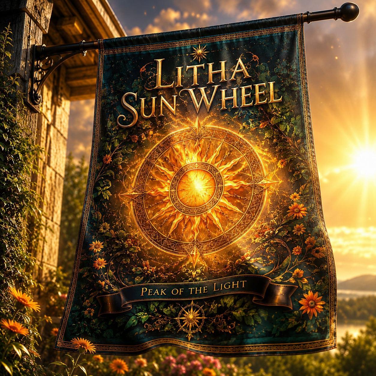 Litha Sun Wheel house flag mockup hanging outdoors as pagan summer decor