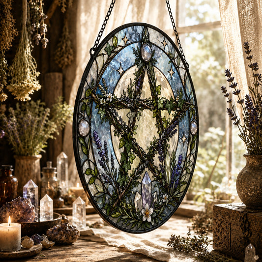 Living Branch Pentacle Glass Suncatcher - hanging view