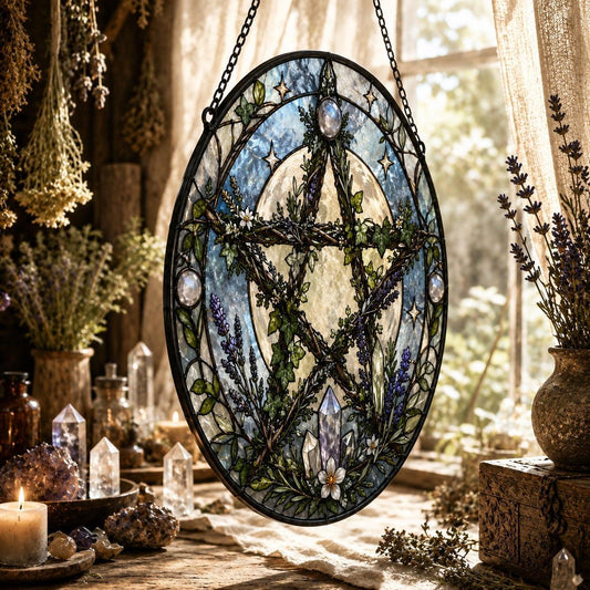 Living Branch Pentacle Glass Suncatcher - hanging view