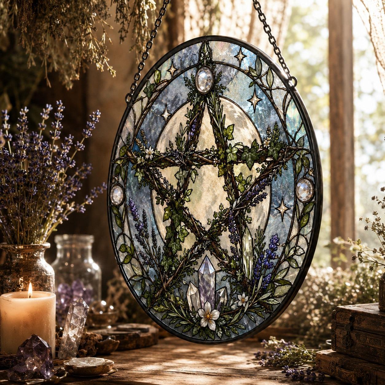 Living Branch Pentacle Glass Suncatcher - close up detail
