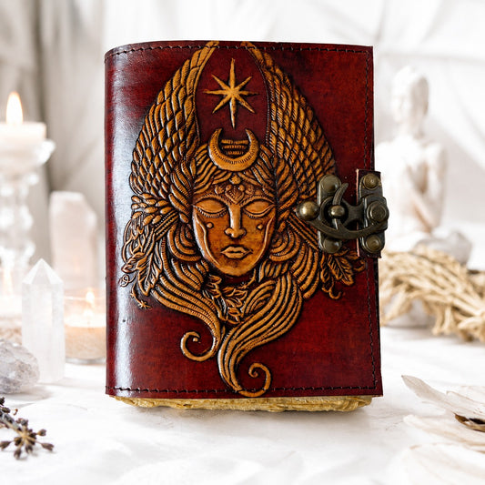 Lord Shiva Leather Journal – Vintage Handmade Pagan Grimoire with Brass Lock – leather journal, back cover view