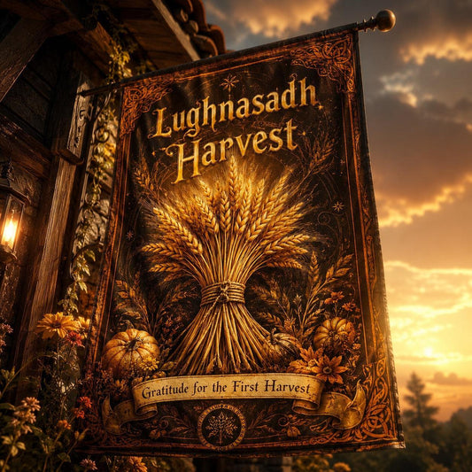 Lughnasadh Harvest house flag mockup hanging outdoors as pagan decor