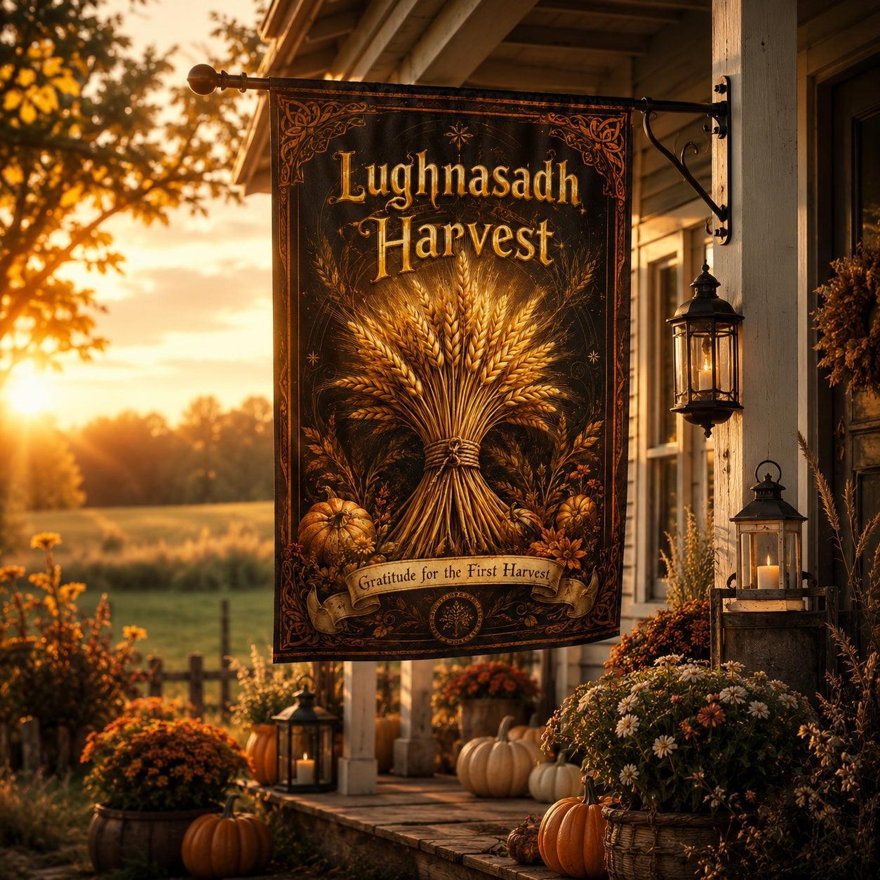 Close-up of Lughnasadh Harvest house flag showing wheat artwork