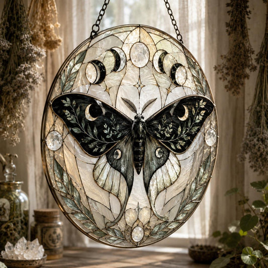 Luna Moth Botanical Glass Suncatcher - hanging view