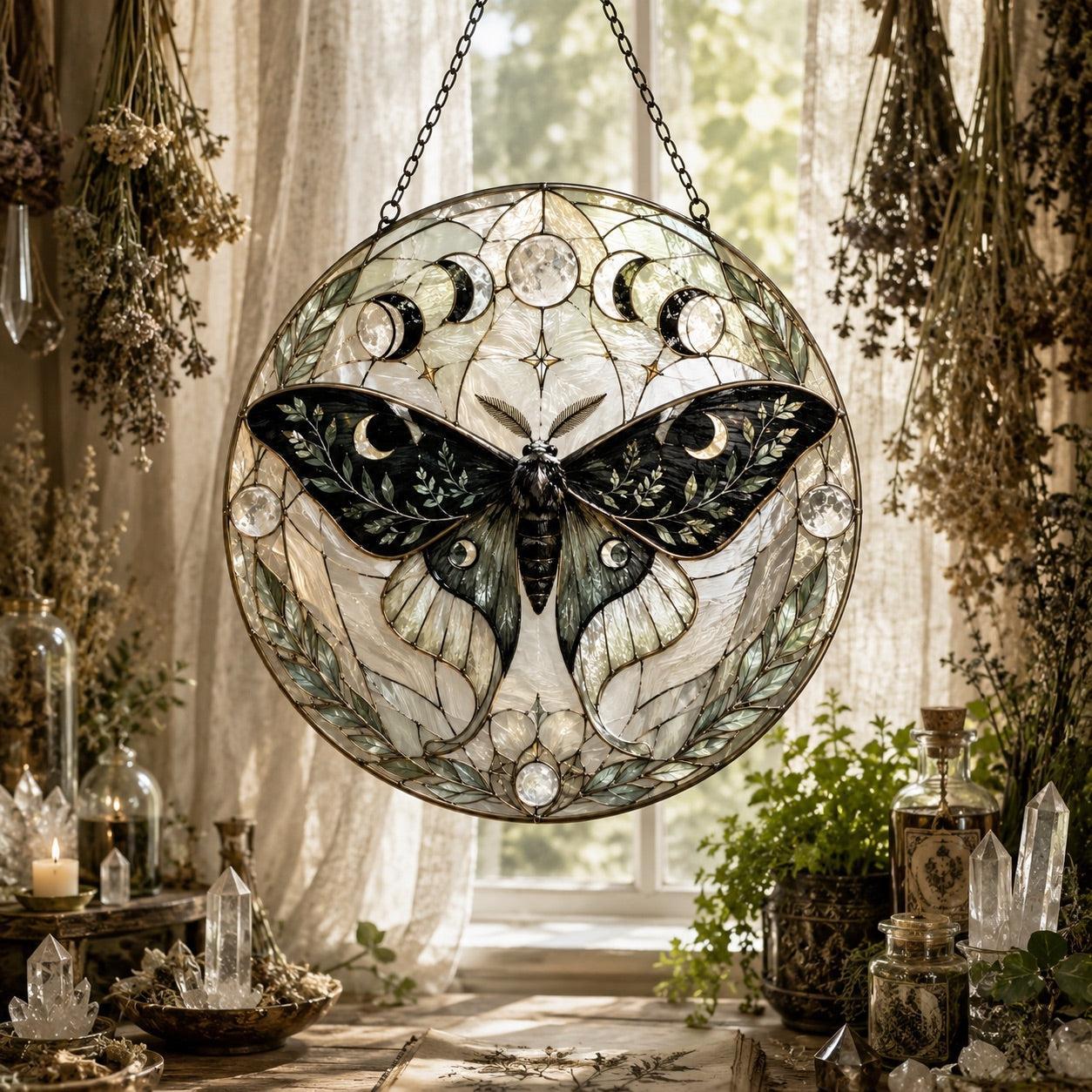 Luna Moth Botanical Glass Suncatcher - sunlight glow