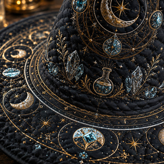 Lunar Alchemist Witch Hat – Celestial Moon Phase Occult Brim Hat – styled with candles and crystals
