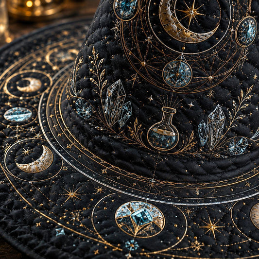 Lunar Alchemist Witch Hat – Celestial Moon Phase Occult Brim Hat – styled with candles and crystals