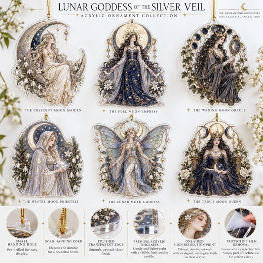 Lunar Goddess Celestial Acrylic Ornament Set – Moon Yule Christmas Decor – ornament size and details