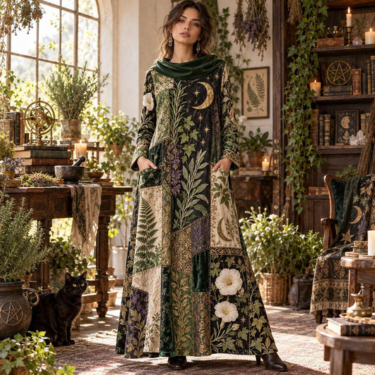 Lunar Herbarium Green Witch Cowl Neck Dress โ Botanical Witchy Maxi โ worn, front view