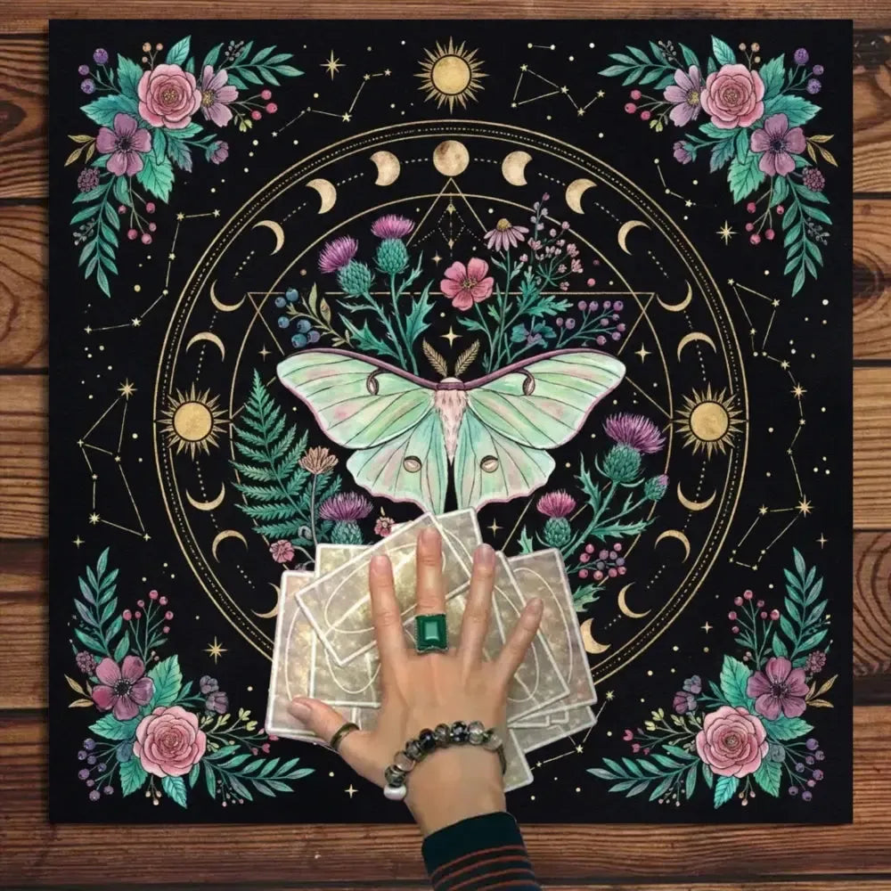 Botanical luna moth altar cloth with moon cycle – witchy nature magic tarot divination mat
