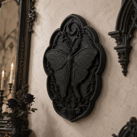Lunar moth relief wall plaque – crescent moon thorn rose gothic wall art, front view