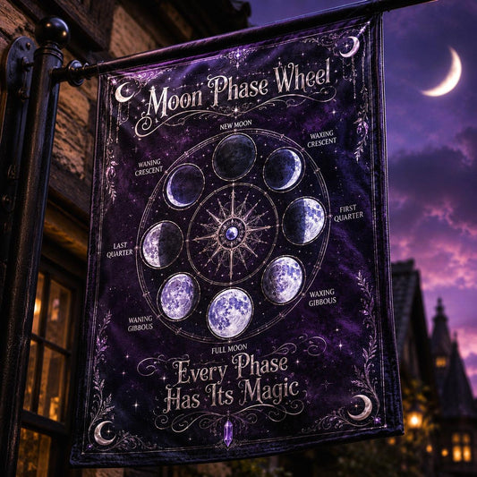 Lunar Phase Wheel Chart house flag displayed outdoors on a garden flag stand