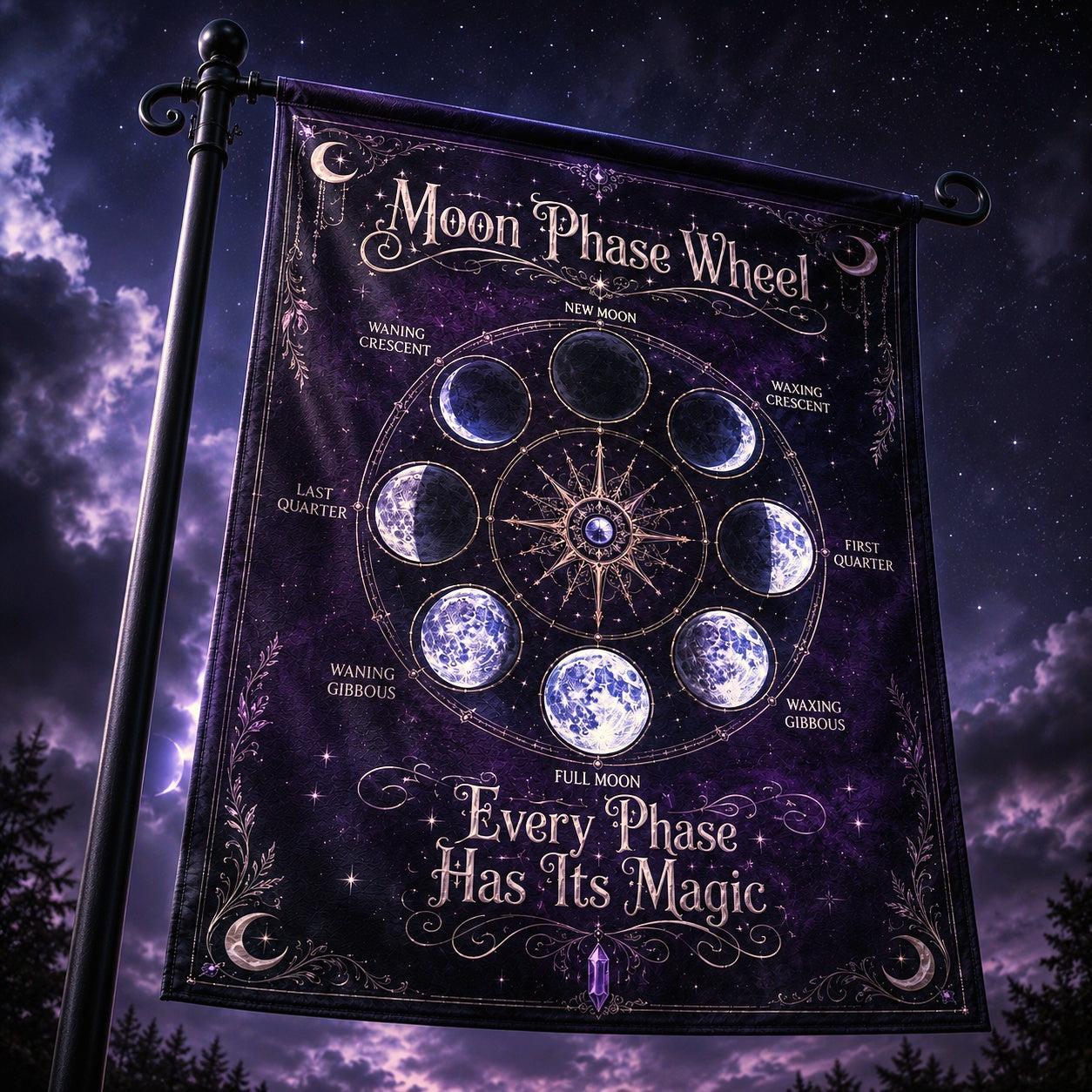 Lunar Phase Wheel Chart house flag mockup hanging outdoors as pagan decor