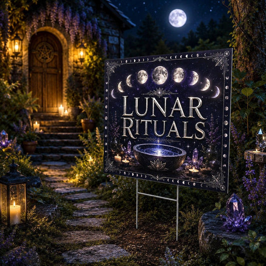 Lunar Rituals Moon Phases Cauldron Wicca Yard Sign - porch scene