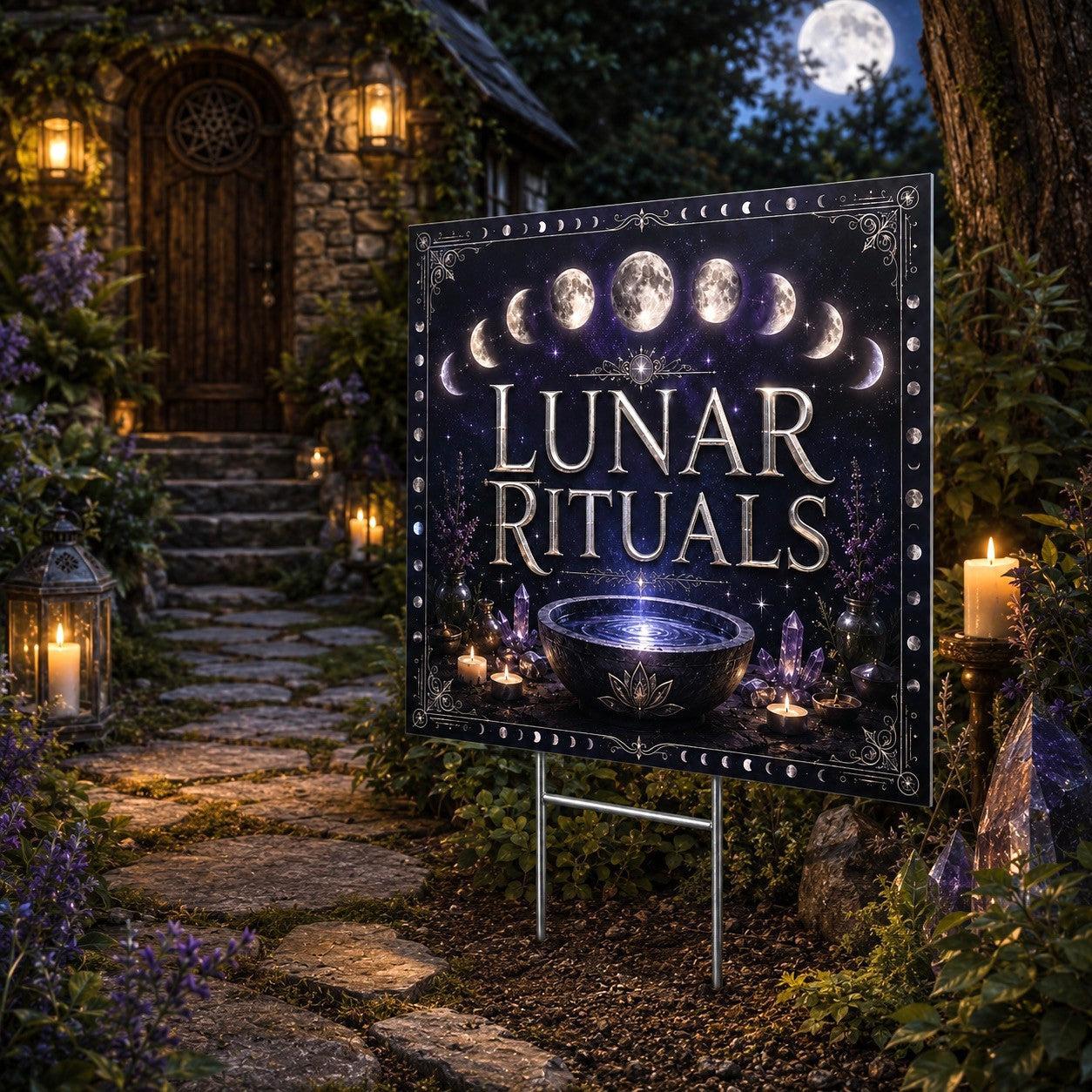 Lunar Rituals Moon Phases Cauldron Wicca Yard Sign - close up detail