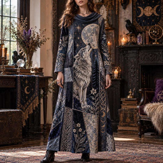 Lunar Wolf Prophecy Witchy Cowl Neck Dress โ Pagan Moon Maxi โ worn, front view