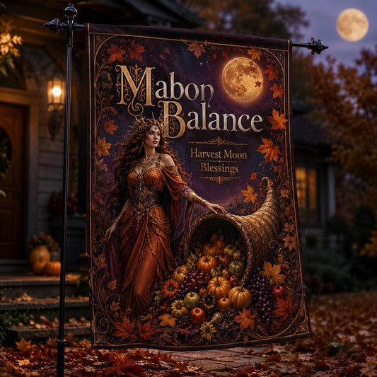 Mabon Balance house flag with Harvest Moon Blessings cornucopia goddess design