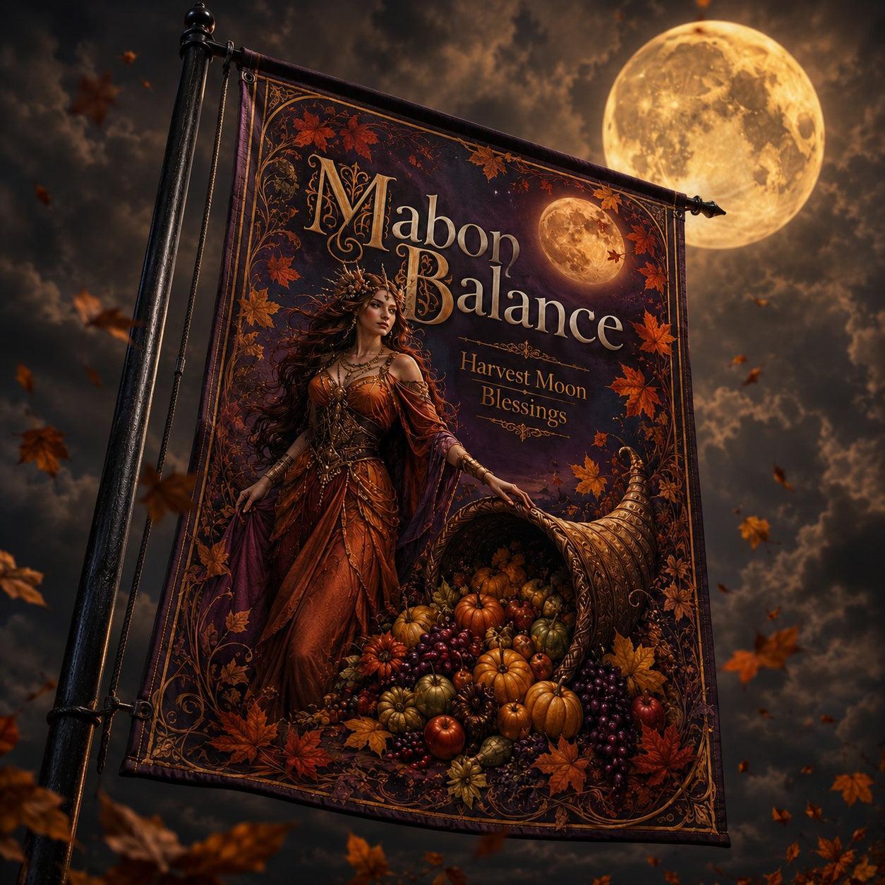 Mabon Balance house flag mockup hanging outdoors as pagan harvest decor