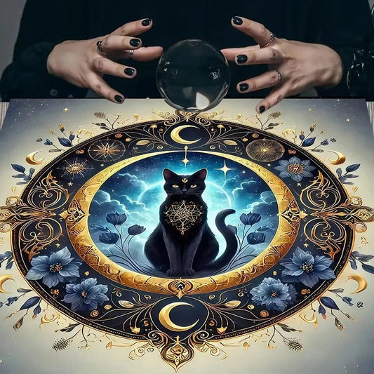 Magic Moon Black Cat Tablecloth Witch Altar Cloth Pagan Pendulum Witchcraft Astrology Card Mat-MoonChildWorld