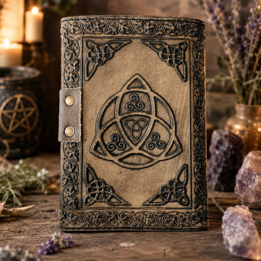 Magic Pentagram Leather Journal with Lock – Handmade Witch Grimoire Deckle Pages – leather journal, back cover view