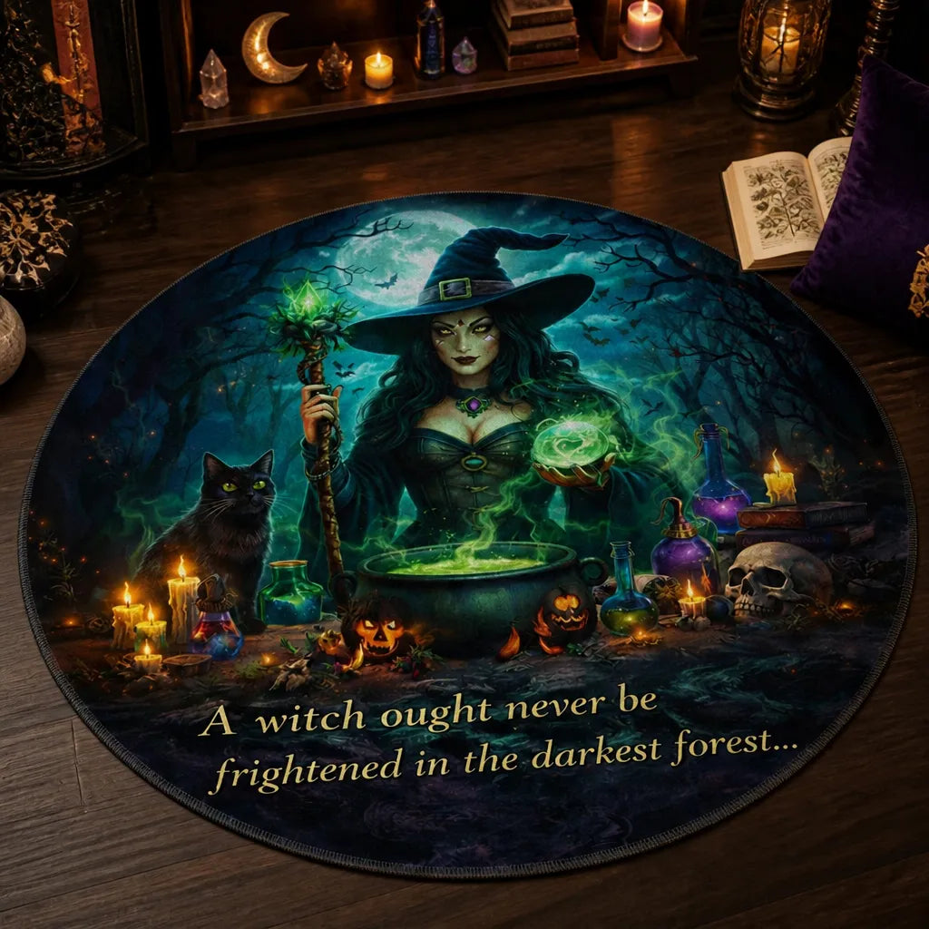 Magic Witch Halloween Round Rug Gothic Skull Black Cat Carpet for Halloween Home Decor_mockup_3.webp