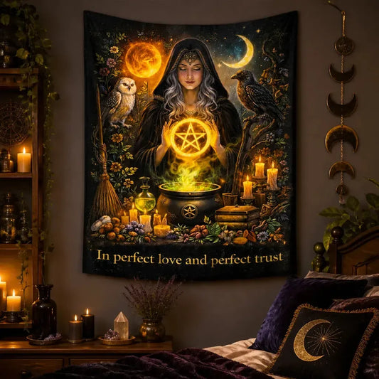 Magical Witch Tapestry with Spirit Animals - Wiccan Wall Hanging_mockup_1.webp