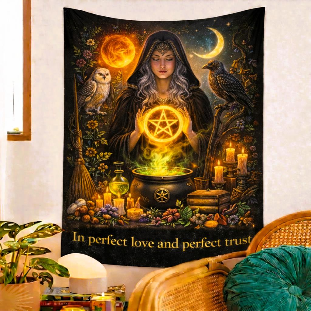 Dark witch tapestry with a hooded woman, glowing pentagram, cauldron, owl, raven, and "In perfect love and perfect trust" text.