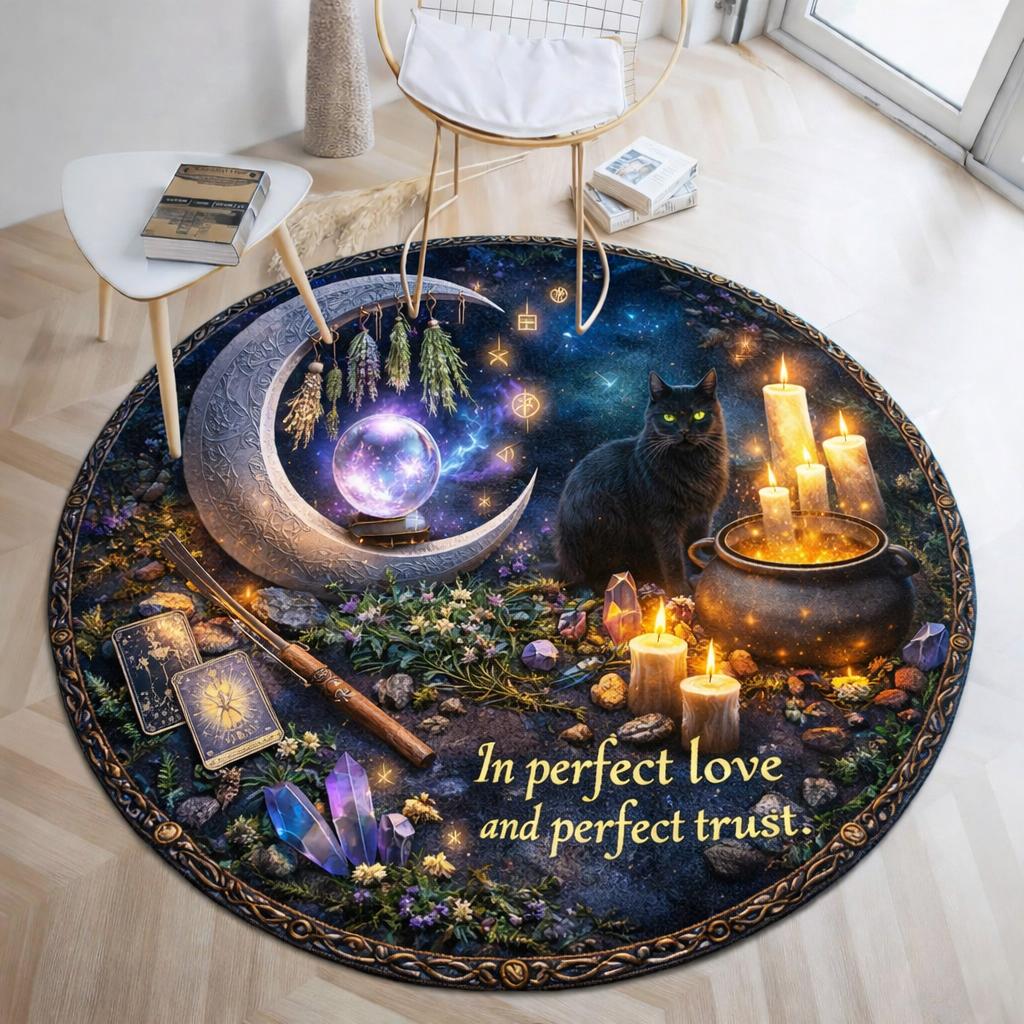 Round black Wicca rug with a crescent moon, black cat, cauldron, crystals, and "In perfect love and perfect trust.