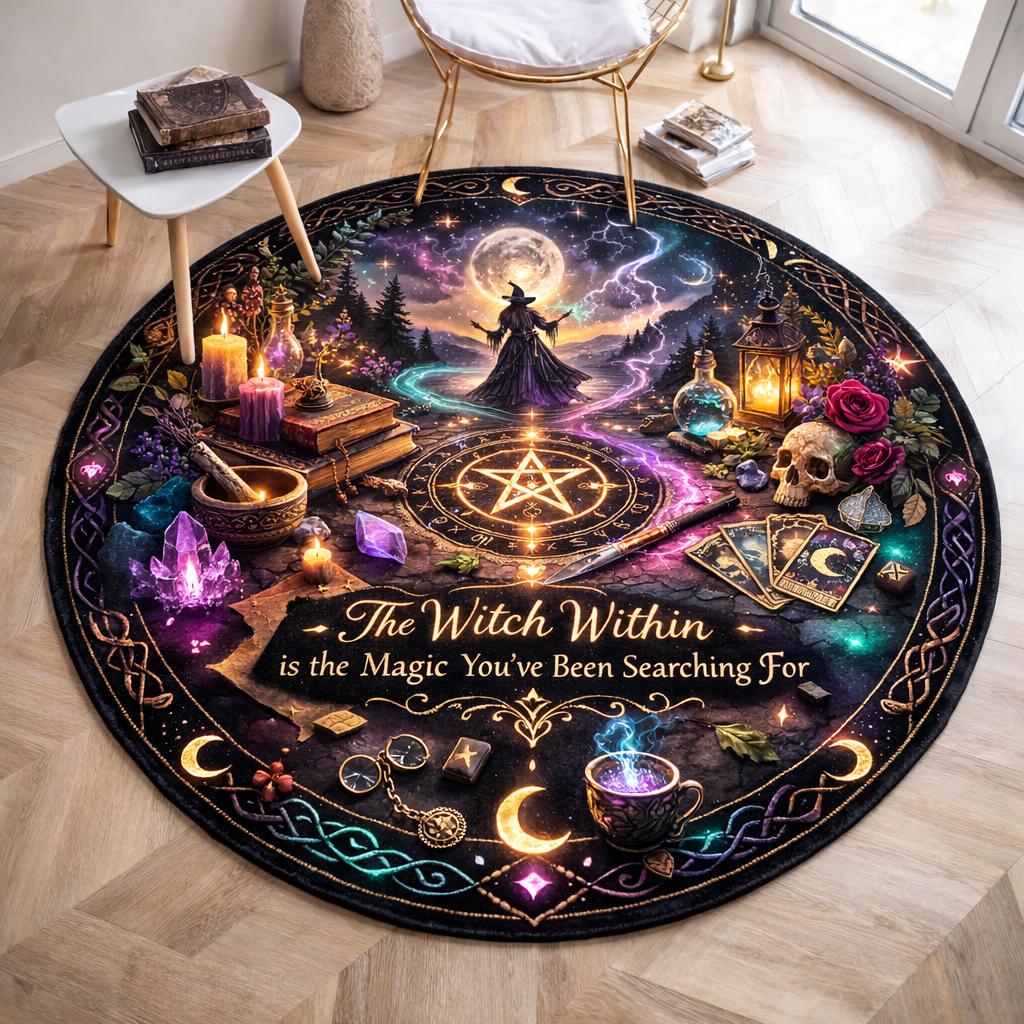 Round black Gothic witchcraft rug with a witch, Triple Moon, Pentacle, and celestial designs.