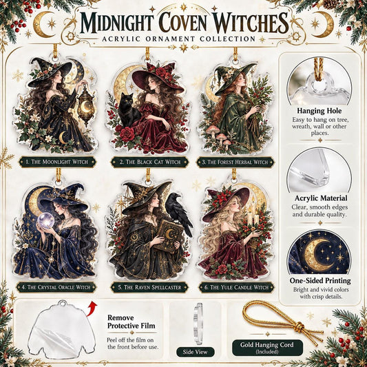 Midnight Coven Witch Acrylic Ornament Set – Gothic Yule Christmas Decor – ornament size and details
