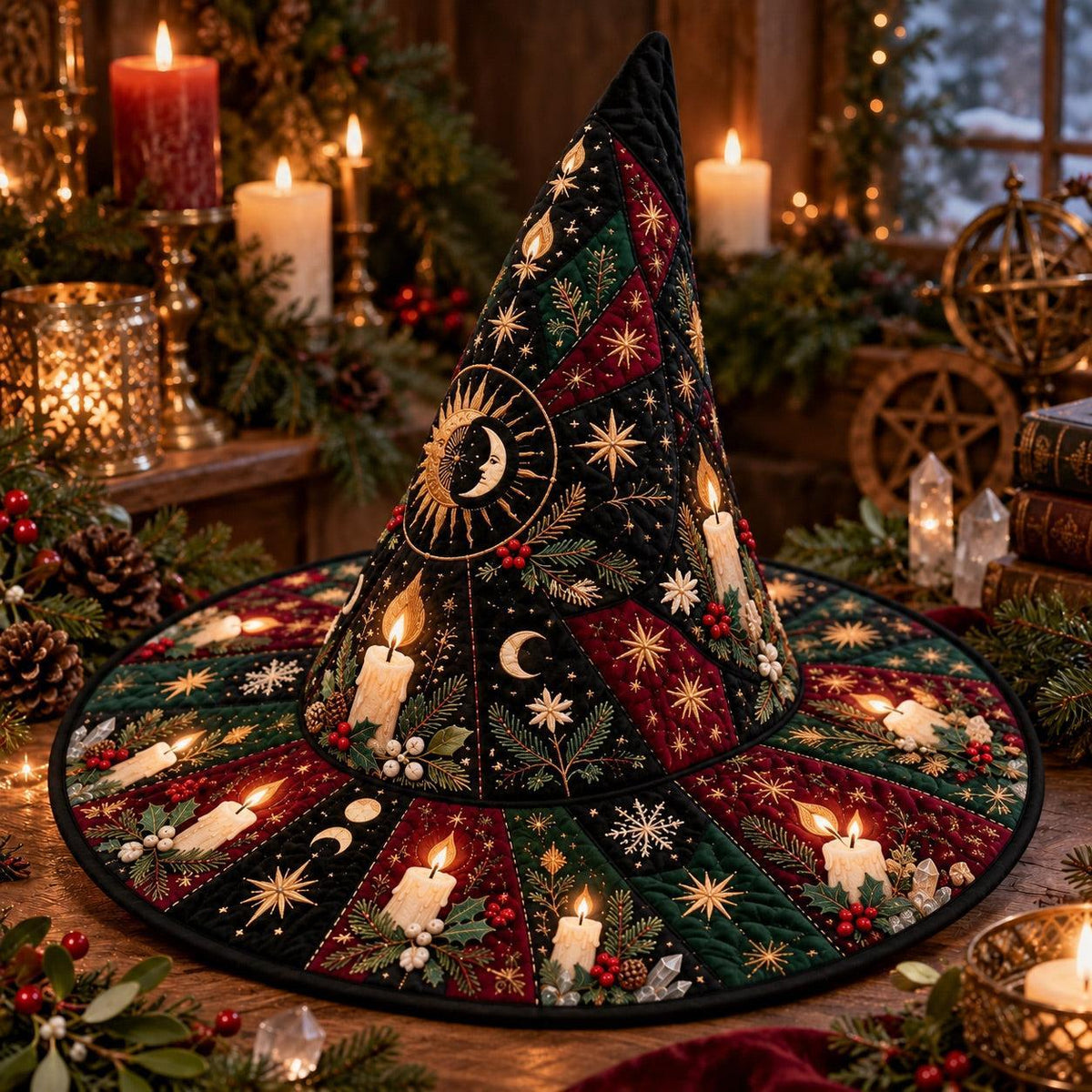 Midwinter Candle Quilted Witch Hat – Yule Solstice Holly Brim Hat – on an altar table