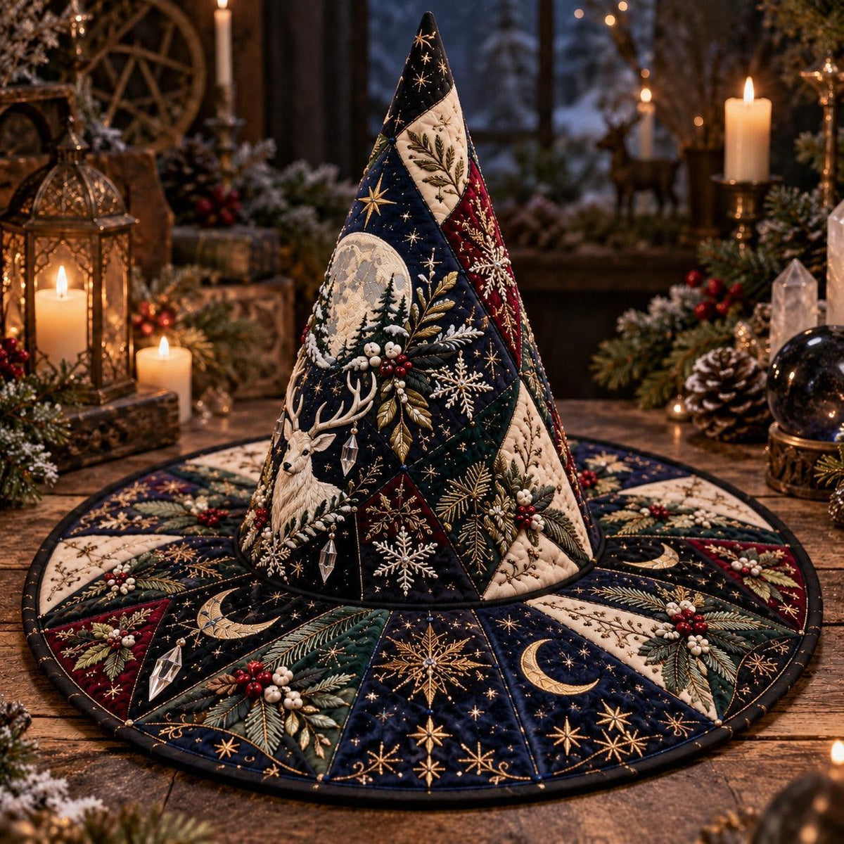 Mistletoe Stag Quilted Witch Hat – Yule Solstice Wide Brim Hat – styled with candles and crystals
