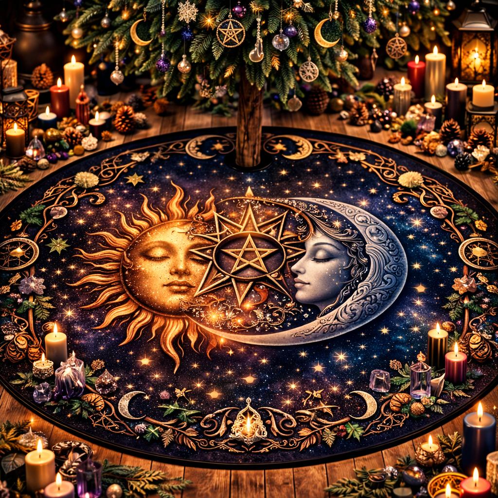 Dark velvet Christmas tree skirt with a golden sun, silver moon, and stars under a festive tree.